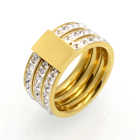 Anillo De Acero Inoxidable De Moda Con Triple Fila De Diamantes De Imitación Y Placa De Metal Rectangular Para Unisex