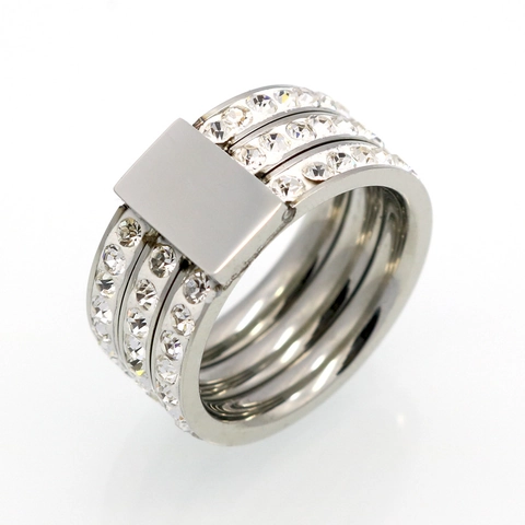 Anillo De Acero Inoxidable De Moda Con Triple Fila De Diamantes De Imitación Y Placa De Metal Rectangular Para Unisex