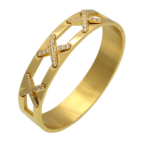 Bracciale In Acciaio Inossidabile Con Triplo Motivo X Inciso Zirconia Cubica Micro Pavé Rigido Lusso Elegante Unisex