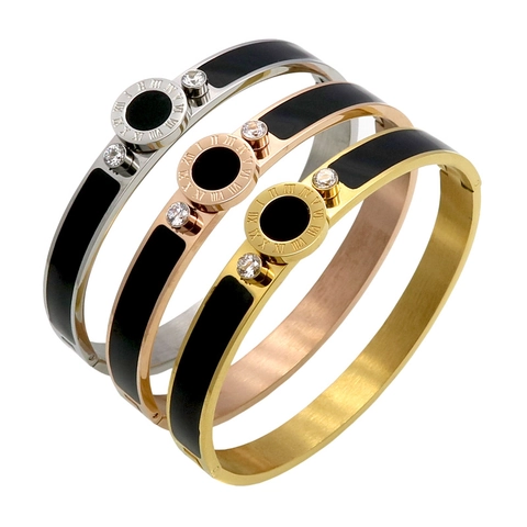 Bracciale Rigido In Acciaio Inossidabile Numeri Romani Smalto Nero Intarsiato Zirconia Cerniera Gioielli Per Uomo Donna