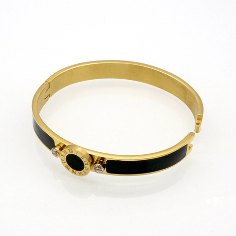 Bracciale Rigido In Acciaio Inossidabile Numeri Romani Smalto Nero Intarsiato Zirconia Cerniera Gioielli Per Uomo Donna
