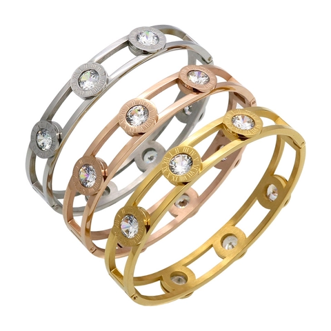 Elegante Brazalete Hueco Números Romanos Acero Inoxidable Zircón Incrustado Joyería Moda Multitono Para Mujeres