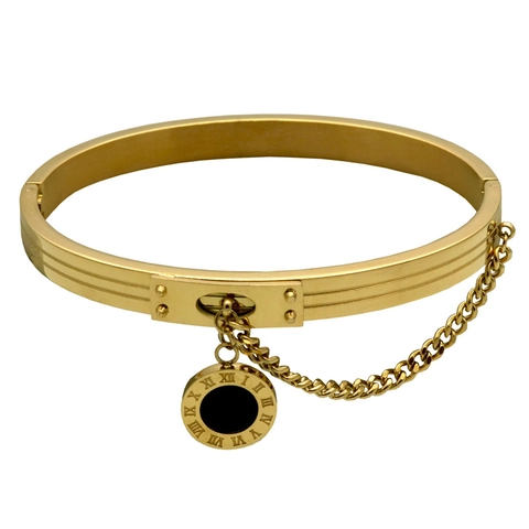 Bracciale Rigido In Acciaio Inossidabile Ciondolo Tondo Numeri Romani Smalto Nero Catena Di Sicurezza Gioielli Da Donna