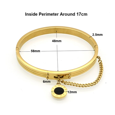 Bracciale Rigido In Acciaio Inossidabile Ciondolo Tondo Numeri Romani Smalto Nero Catena Di Sicurezza Gioielli Da Donna
