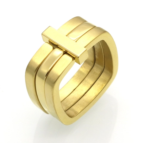 Minimalist Three Layer Square Ring 316L Stainless Steel Gold Plated Geometric Industrial Style Jewelry For Men Women