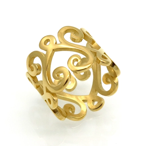Hollow Out Heart Scroll Pattern Ring Vintage 316L Stainless Steel Wide Band High Polished Statement Jewelry