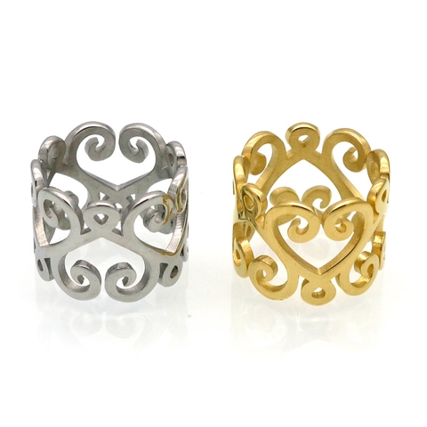 Hollow Out Heart Scroll Pattern Ring Vintage 316L Stainless Steel Wide Band High Polished Statement Jewelry