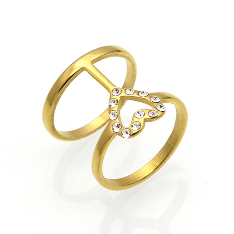 Double Layer Heart Ring 316L Stainless Steel Rhinestone Pave Hollow Heart Minimalist Fashion Jewelry For Women
