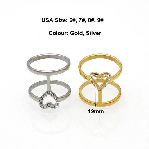 Double Layer Heart Ring 316L Stainless Steel Rhinestone Pave Hollow Heart Minimalist Fashion Jewelry For Women