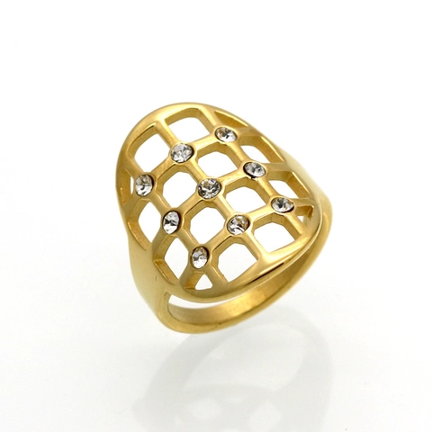 Modern 316L Stainless Steel Hollow Mesh Ring Gold Silver Plated Geometric Shield Zirconia Inlaid Wide Band Ring Jewelry For Women