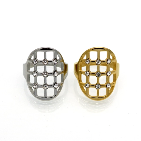 Modern 316L Stainless Steel Hollow Mesh Ring Gold Silver Plated Geometric Shield Zirconia Inlaid Wide Band Ring Jewelry For Women