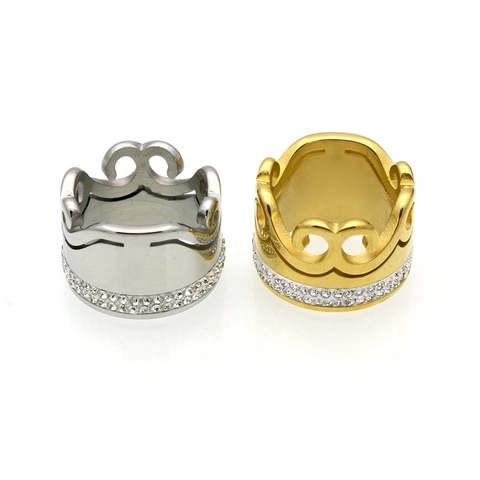 Anillo De Corona De Acero Inoxidable Con Doble Fila Pavé De Circonita Joyería De Moda Regalo