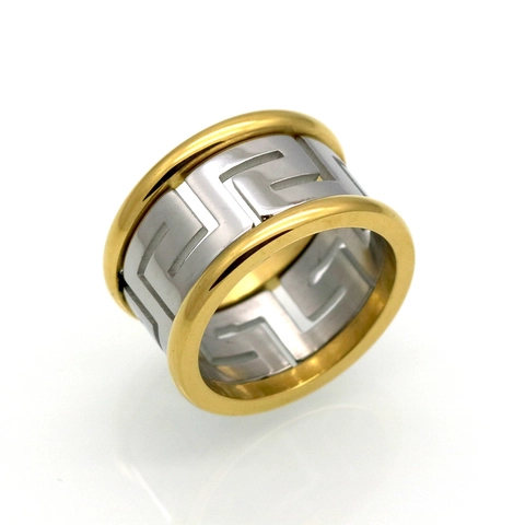Anello A Fascia Con Motivo Meandro Greco Acciaio Inossidabile 316L Bicolore Oro Argento Cavo Lucido Gioielli Unisex