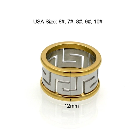 Anello A Fascia Con Motivo Meandro Greco Acciaio Inossidabile 316L Bicolore Oro Argento Cavo Lucido Gioielli Unisex