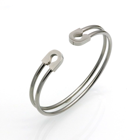 Bracciale Rigido In Acciaio Inossidabile Design Spilla Da Balia Doppio Strato Aperto Da Donna Stile Punk Minimalista Gioielli Lucidi