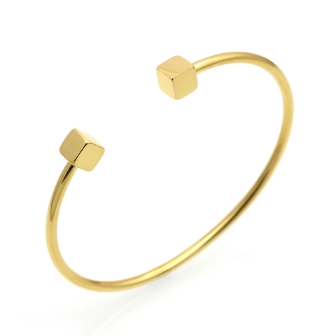 Bracelet Jonc Ouvert Minimaliste Acier Titane Plaqué Or 18K Extrémité Cube Géométrique Réglable Pour Les Femmes