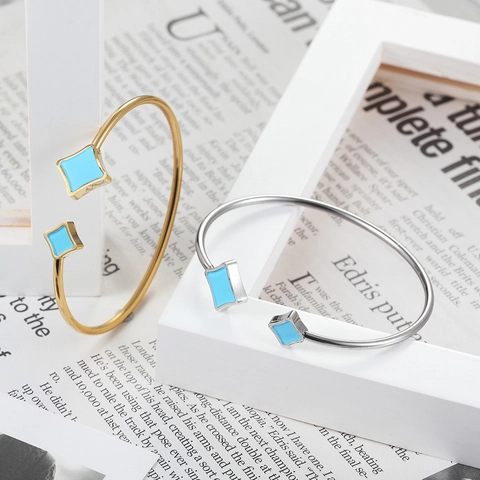 Bracciale Rigido Aperto Moda Donna Acciaio Al Titanio Geometrico Quadrato Intarsio Conchiglia Agata Gioielli Minimalisti Lusso