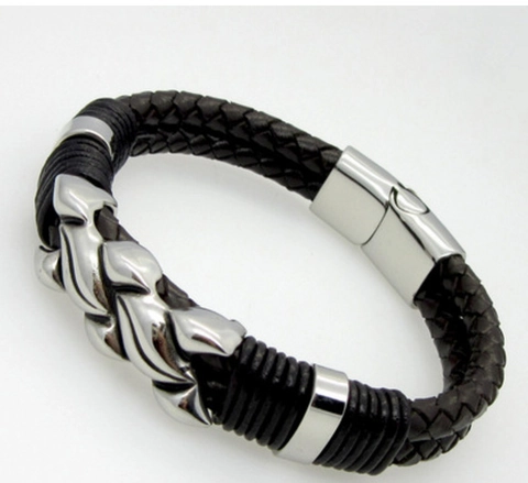 Bracciale Da Uomo In Pelle Intrecciata Con Chiusura Magnetica In Acciaio Inossidabile Stile Punk Retro