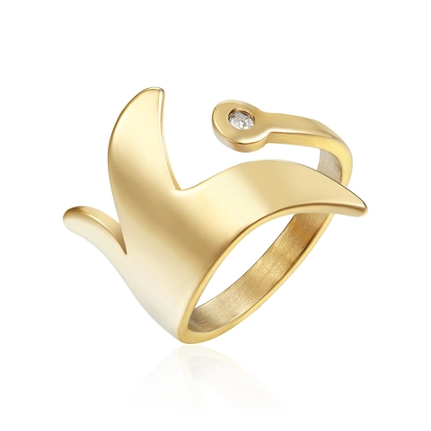Minimalist Open Adjustable Ring Stainless Steel With Zircon Flame Wing Design Vintage Style For Women Men Gold Silver