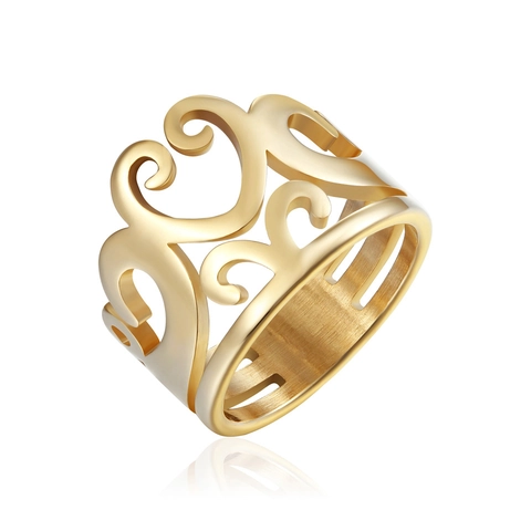 Vintage Hollow Heart Crown Ring Stainless Steel Scrolling Vine Pattern Wide Band Jewelry For Men Women Electroplated