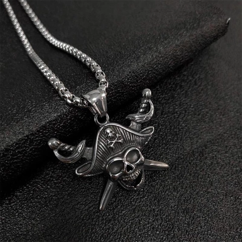 Collar Con Colgante De Calavera Pirata Acero Inoxidable Cimitarras Cruzadas Joyería Gótica Punk Vintage Para Hombres Mujeres Cadena Box