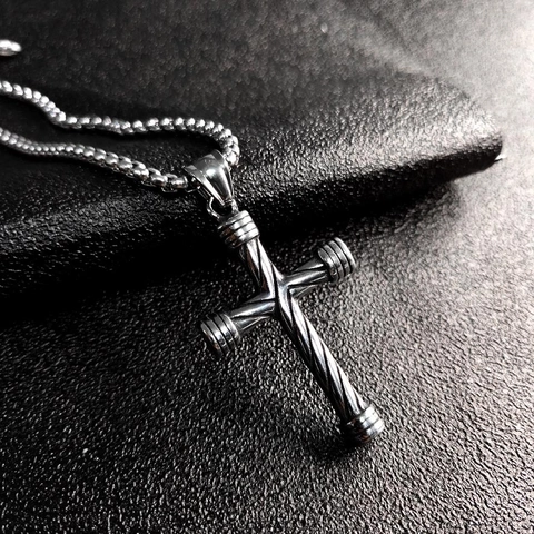 Cross Pendant Necklace Stainless Steel Twisted Rope Texture Retro Punk Gothic Jewelry For Men Women Vintage Box Chain