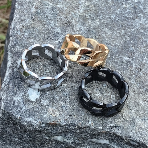 Bague Anneau Maille Gourmette Évidée en Acier Inoxydable 316L pour Femmes Hommes Or Argent Noir Or Rose Bijoux Mode Street Punk