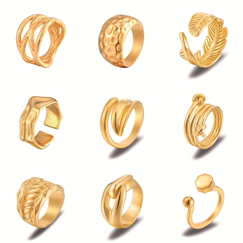 Anillos Abiertos Vintage de Acero Inoxidable con Diseño de Hoja Nudo Pluma Martillado para Mujer Chapado en Oro de 18K Joyería