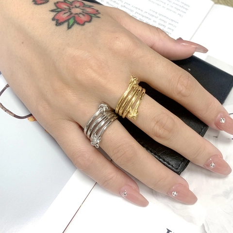 Anillos Abiertos Vintage de Acero Inoxidable con Diseño de Hoja Nudo Pluma Martillado para Mujer Chapado en Oro de 18K Joyería