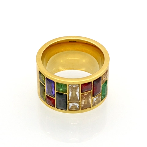 Bague Large en Acier Inoxydable pour Femme Zircone Cubique Colorée Incrustée Forme Rectangulaire Bijoux Géométriques Cadeau