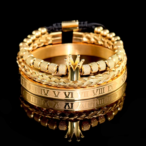 Conjunto de Pulseras de Acero Inoxidable Vintage Números Romanos Dije de Corona Cable Torsado Joyería para Hombre Oro Plata