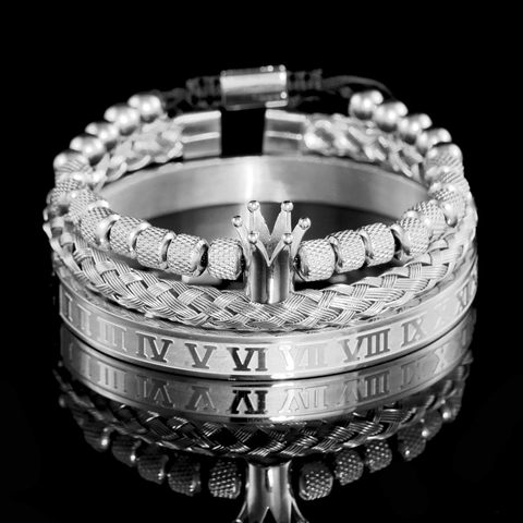 Conjunto de Pulseras de Acero Inoxidable Vintage Números Romanos Dije de Corona Cable Torsado Joyería para Hombre Oro Plata