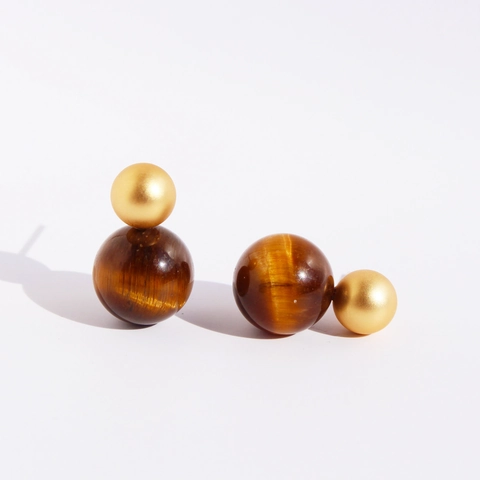 Pendientes Vintage De Doble Perla Ojo De Tigre Laton Chapado En Oro Con Poste De Plata Esterlina 925 Estilo Maillard Geometrico