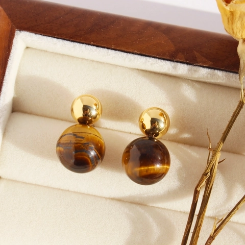 Pendientes Vintage De Doble Perla Ojo De Tigre Laton Chapado En Oro Con Poste De Plata Esterlina 925 Estilo Maillard Geometrico