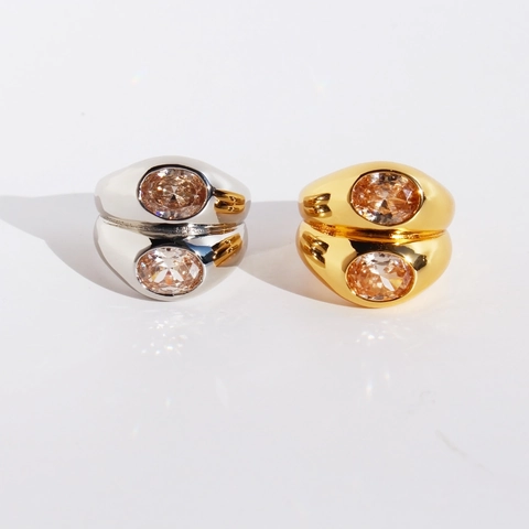 Lussuoso Anello a Fascia Larga a Doppio Strato Oro Platino Placcato Ottone Zircone Pietra Ovale Anello per Donna Gioielli