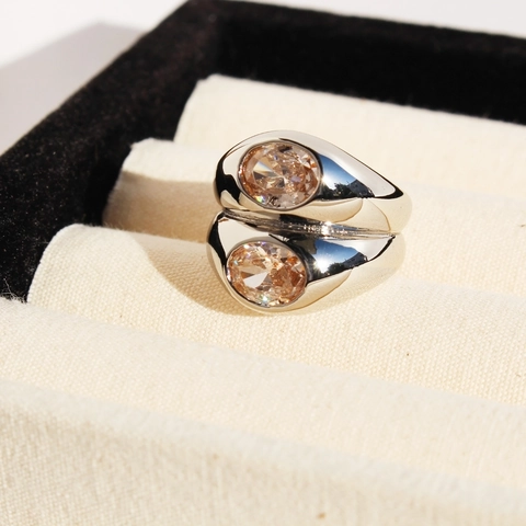 Lussuoso Anello a Fascia Larga a Doppio Strato Oro Platino Placcato Ottone Zircone Pietra Ovale Anello per Donna Gioielli