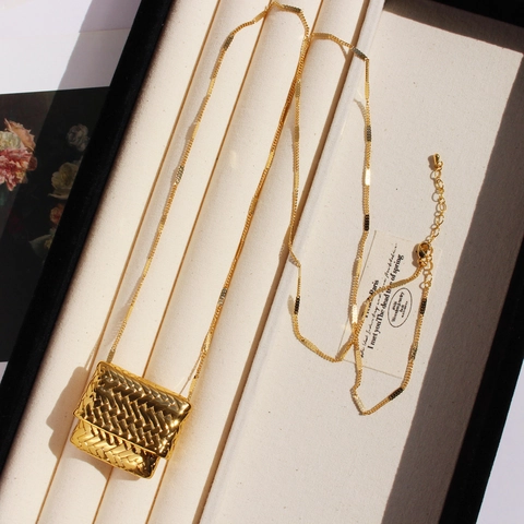 Long Pendant Necklace Brass Gold Plated Woven Mini Bag Charm Unique Fashion Sweater Chain Jewelry For Women