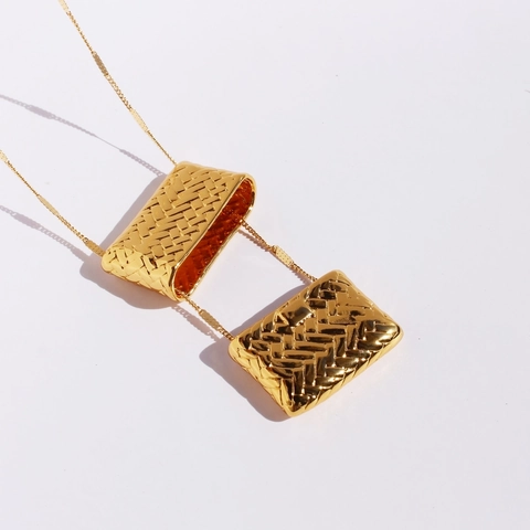 Long Pendant Necklace Brass Gold Plated Woven Mini Bag Charm Unique Fashion Sweater Chain Jewelry For Women