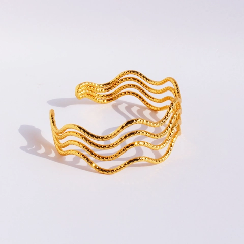 Brass Real Gold Plated Open Cuff Armreif Mehrlagig Wellenlinie Gehämmert Geometrisch Breit Schmuck Für Damen