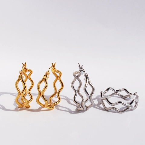 Orecchini A Cerchio Con Linea Ondulata Da Donna Doppio Strato Consistenza Pelle Di Serpente Ottone Geometrico Placcato Oro Argento