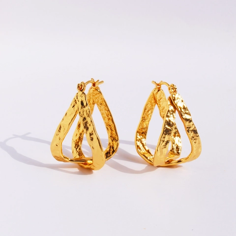 Hammerschlag Vergoldete Messing Ohrringe Unregelmäßige Geometrische Hohlform Vintage Stil Für Damen