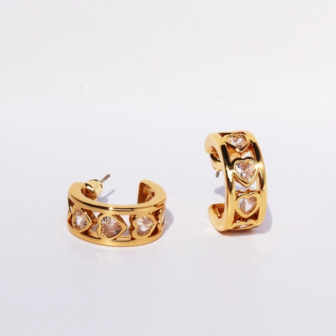 Elegant Gold C-Shape Hoop Earrings Hollow Heart Zircon Small Studs For Women With 925 Sterling Silver Earring Post