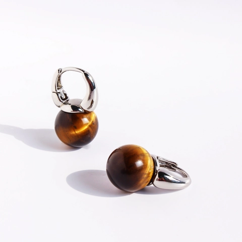 Retro Round Natural Tiger Eye Stone Drop Earrings For Women Brass With White Gold Plating Vintage Minimalist