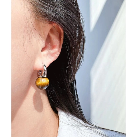 Retro Round Natural Tiger Eye Stone Drop Earrings For Women Brass With White Gold Plating Vintage Minimalist