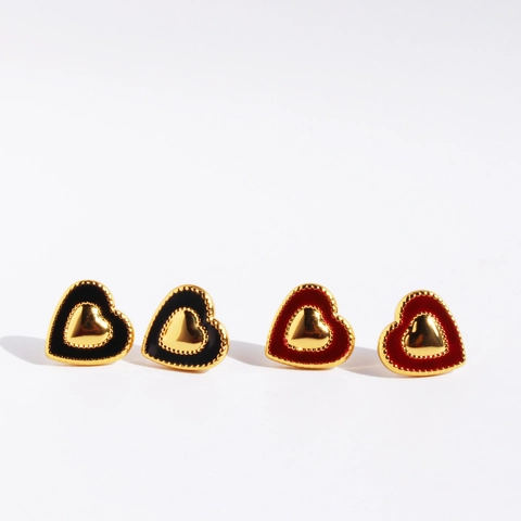 Orecchini a Bottone Vintage a Cuore in Smalto Con Perno in Argento Sterling 925 Placcato Oro Vero Ottone Nero Rosso Beige Donna Gioielli