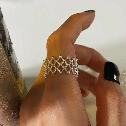 Anello Geometrico Cavo Intrecciato a Rombo in Ottone Placcato Oro Argento Aperto Regolabile Anello Largo Donna Gioielli