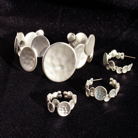 Colección Joyas Martillado Latón Plateado Brazalete Anillo Pendientes C Con 925 Sterling Silver Earring Post