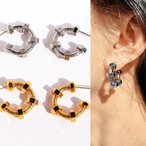 Industrial C-Shape Screw Hoop Earrings With 925 Sterling Silver Earring Post Hammered Brass Geometric Stud Earrings For Men Women