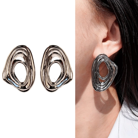 Onregelmatige Werveling Oorknopjes Messing Met 925 Sterling Zilveren Oorknopjes Vloeibaar Metaal Stijl Sieraden Voor Vrouwen
