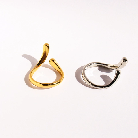 Anello Aperto in Ottone Placcato Oro Argento Minimalista Design Organico a Goccia Regolabile Gioielli Moda Donna